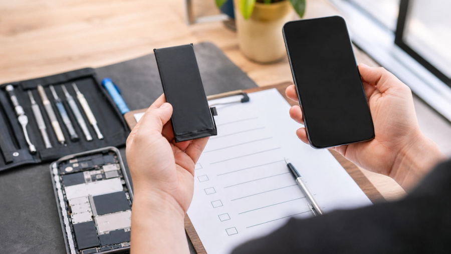 A technician comparing a phone battery replacement estimate with a new unbranded handset and a data migration checklist