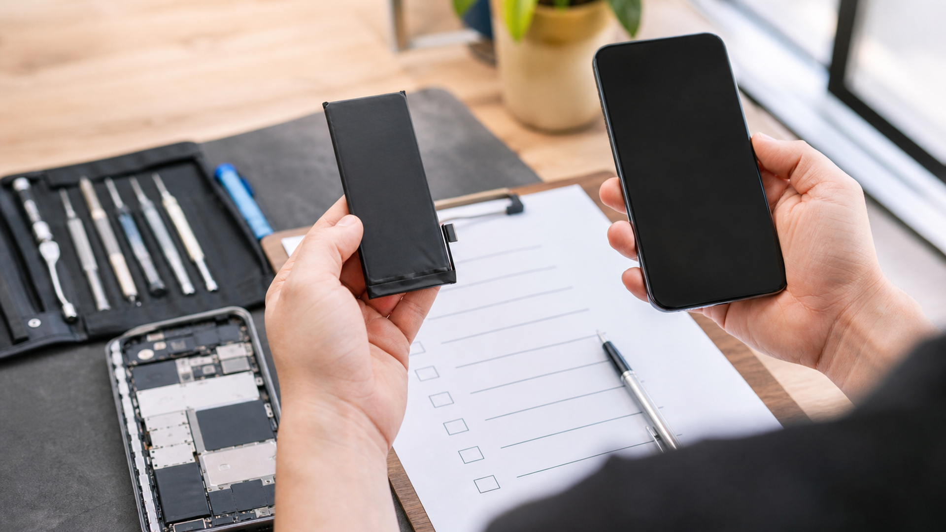 A technician comparing a phone battery replacement estimate with a new unbranded handset and a data migration checklist