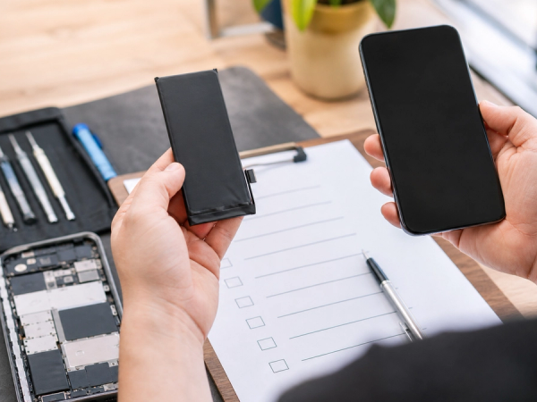 A technician comparing a phone battery replacement estimate with a new unbranded handset and a data migration checklist