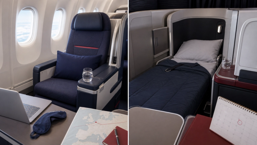 Premium recliner and lie-flat business seat compared for an Air France long-haul journey