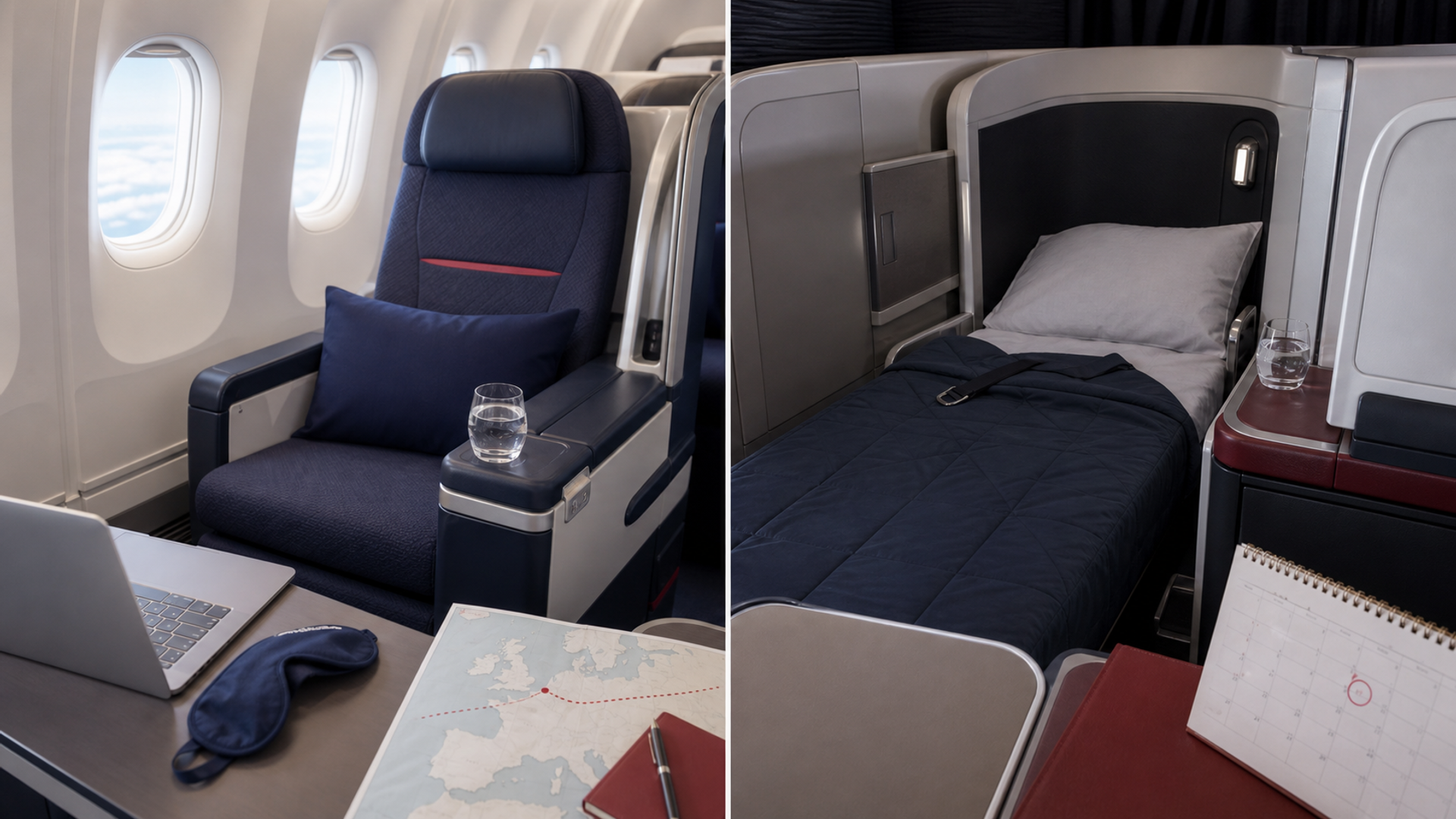 Premium recliner and lie-flat business seat compared for an Air France long-haul journey
