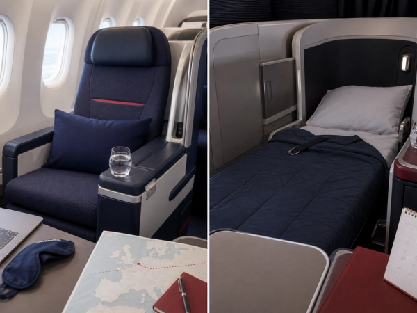 Premium recliner and lie-flat business seat compared for an Air France long-haul journey
