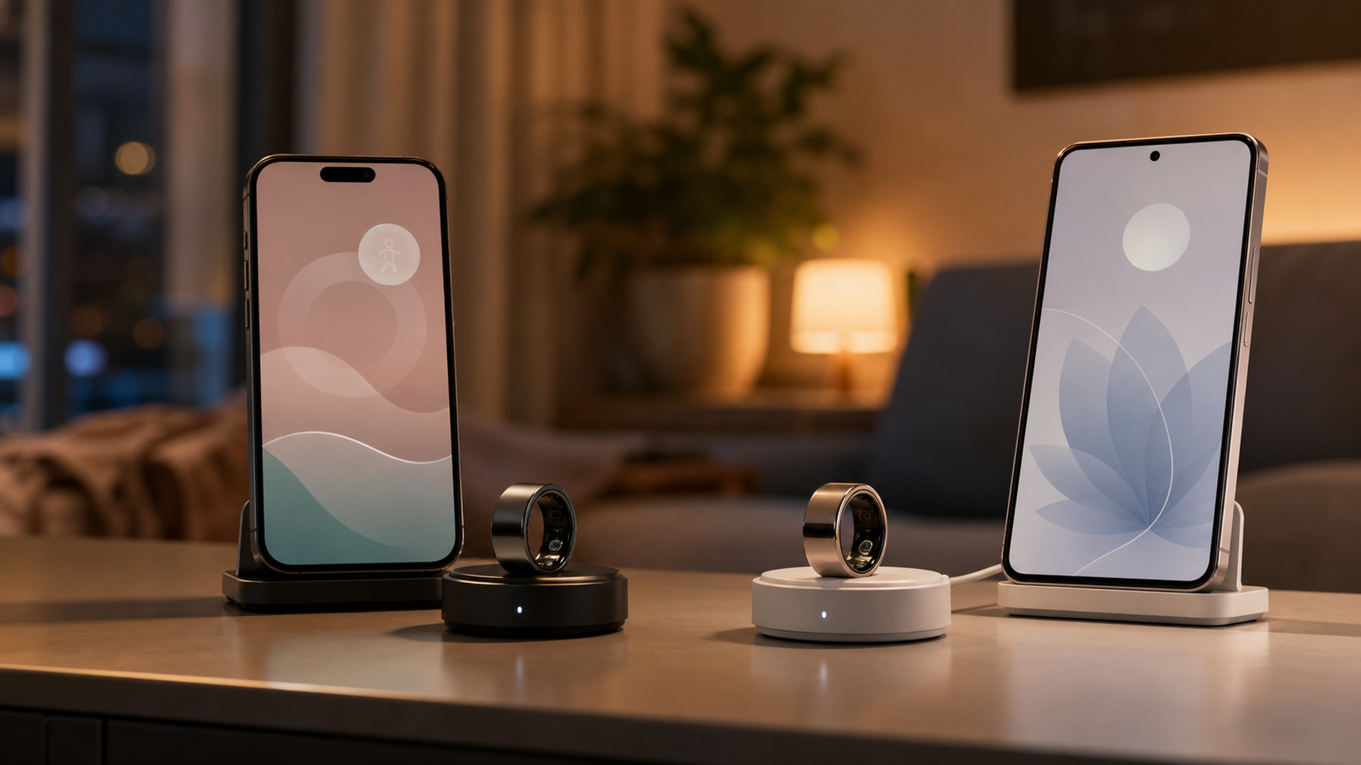 Two distinct smart rings on separate bedside charging docks with two phones showing private, individual wellness dashboards