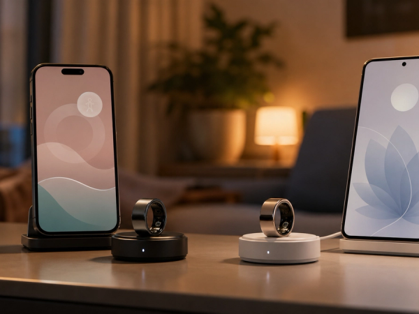 Two distinct smart rings on separate bedside charging docks with two phones showing private, individual wellness dashboards