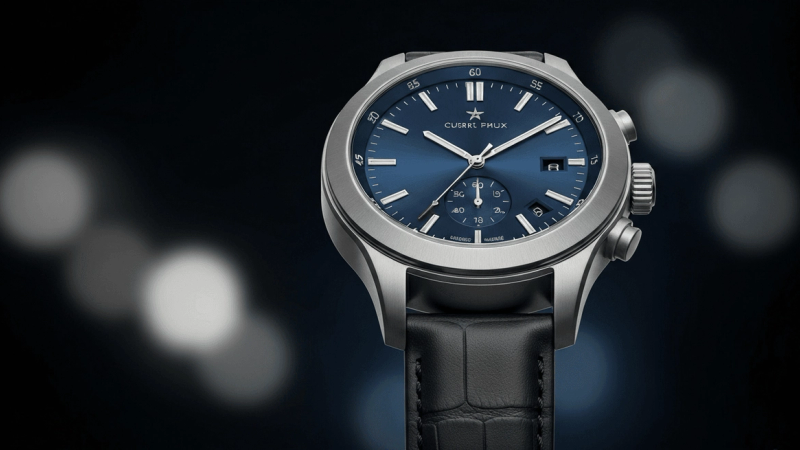 A close-up of a sophisticated luxury men's watch with a dark face and intricate details.