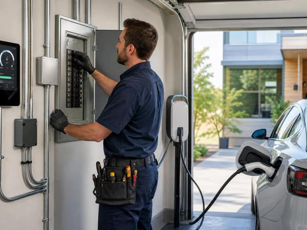 Electrician reviewing a home EV charger, panel capacity and cable route