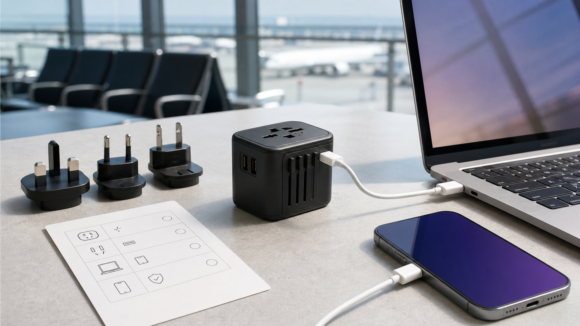 A compact universal travel adapter beside grounded plugs, USB-C cables and a laptop arranged on an airport desk