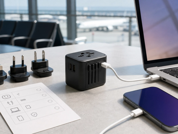 A compact universal travel adapter beside grounded plugs, USB-C cables and a laptop arranged on an airport desk