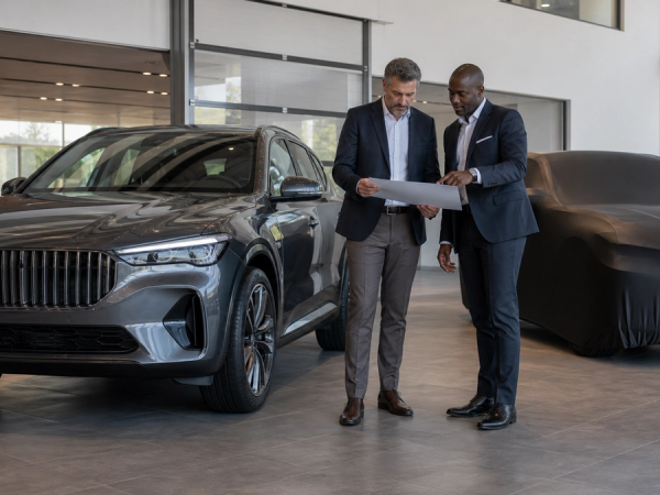 Luxury SUV buyer reviewing a current vehicle and a covered future alternative