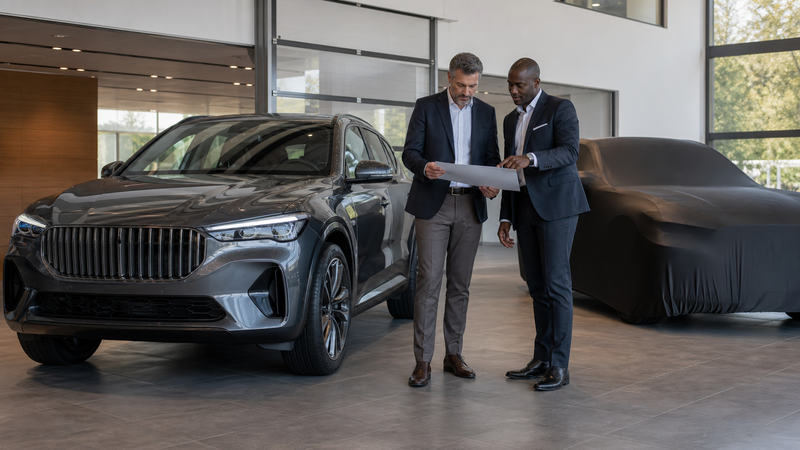 Luxury SUV buyer reviewing a current vehicle and a covered future alternative