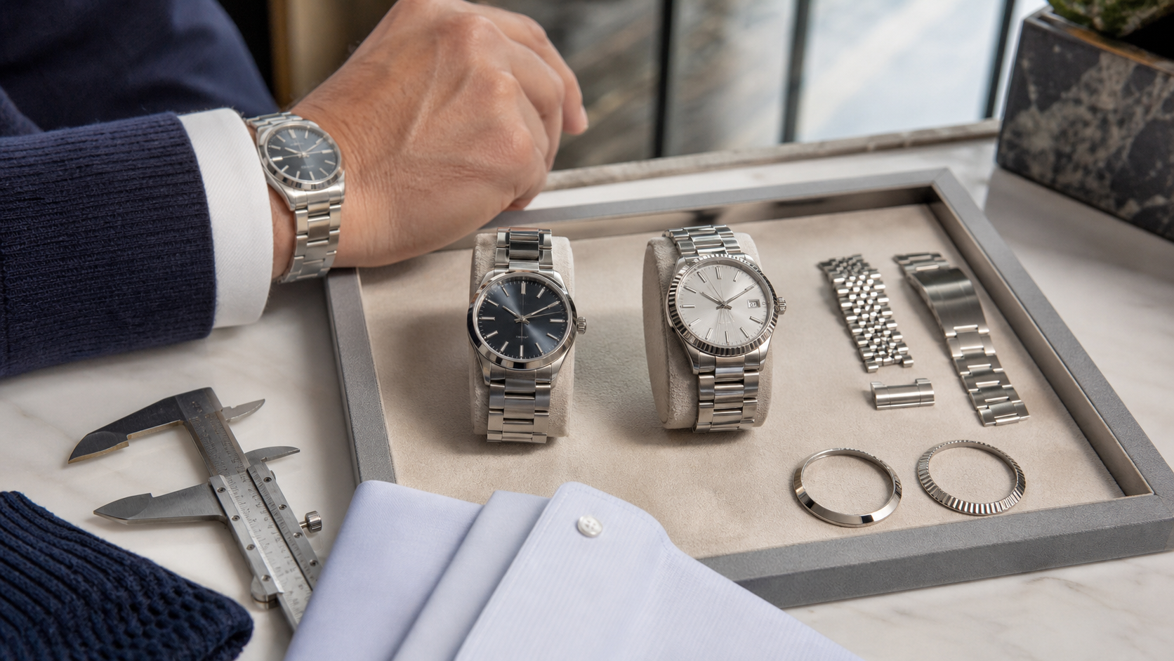 Time-only watch and date watch compared with bracelet, bezel and wrist-fit options
