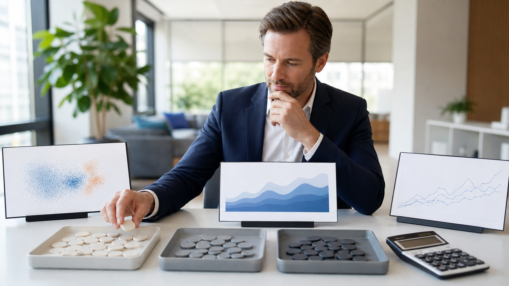A finance and engineering team calculating AI task costs beside model usage charts in a modern meeting room