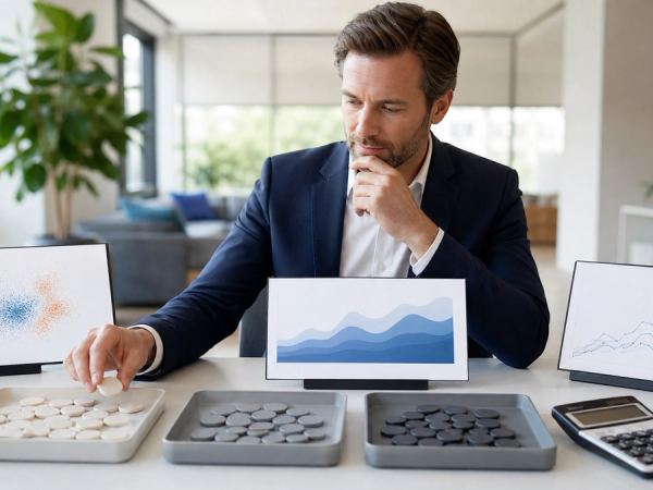A finance and engineering team calculating AI task costs beside model usage charts in a modern meeting room