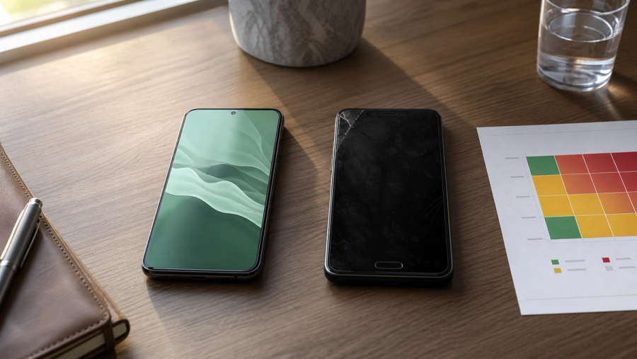 Two unbranded premium smartphones beside a printed threat-model matrix on a clean executive desk