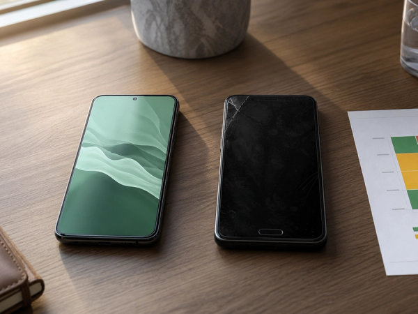 Two unbranded premium smartphones beside a printed threat-model matrix on a clean executive desk