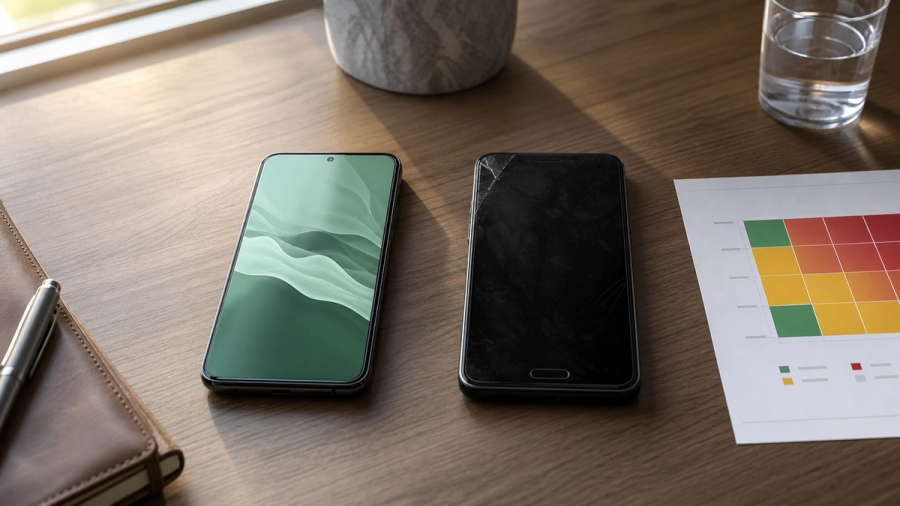 Two unbranded premium smartphones beside a printed threat-model matrix on a clean executive desk