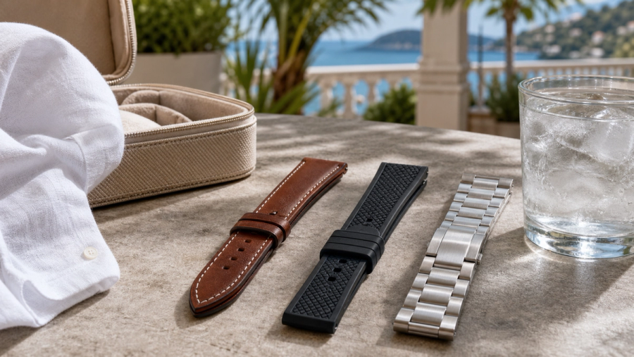 Leather rubber and metal watch straps arranged beside a summer travel case and ice water in natural daylight