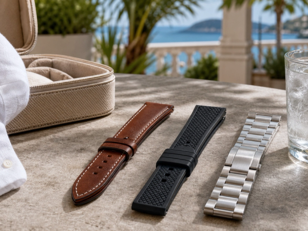 Leather rubber and metal watch straps arranged beside a summer travel case and ice water in natural daylight