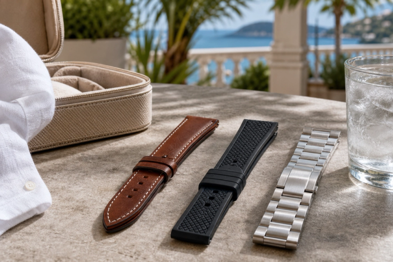 Leather rubber and metal watch straps arranged beside a summer travel case and ice water in natural daylight