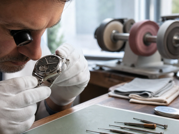 A watchmaker inspecting crisp case edges under a loupe beside polishing tools that have not yet been used