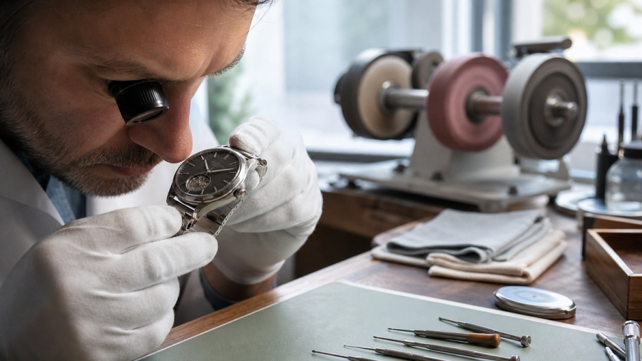 A watchmaker inspecting crisp case edges under a loupe beside polishing tools that have not yet been used