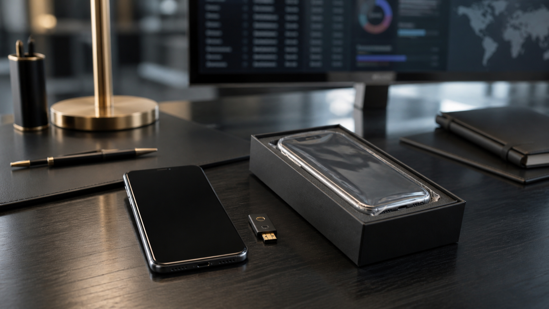 A premium smartphone evaluated with management, identity and replacement controls on an executive security desk