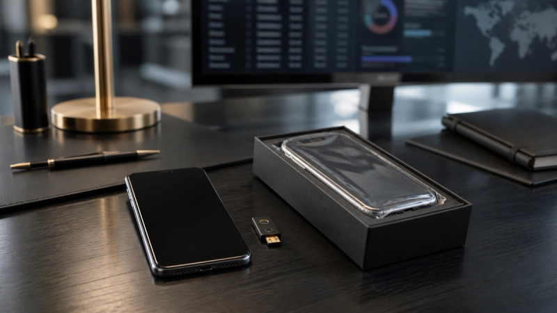 A premium smartphone evaluated with management, identity and replacement controls on an executive security desk