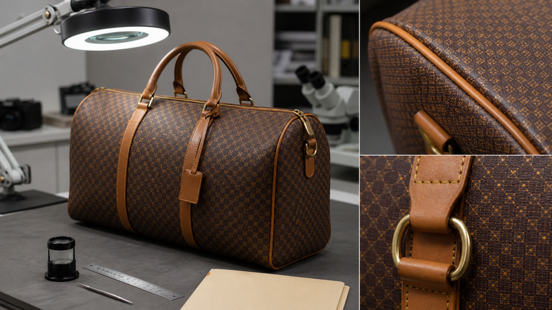 A luxury travel bag undergoing a full construction and provenance inspection