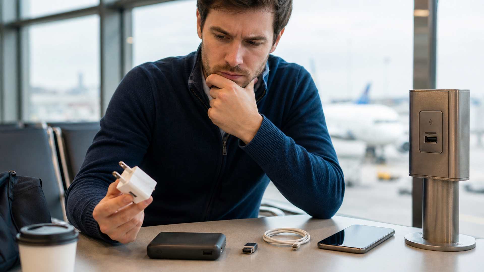 A traveller choosing between a wall charger, power bank and public USB port while a small unbranded USB data blocker sits beside the phone