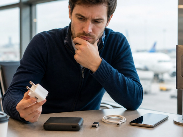 A traveller choosing between a wall charger, power bank and public USB port while a small unbranded USB data blocker sits beside the phone