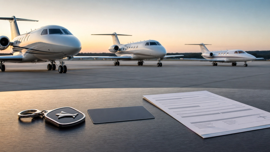 Three unbranded business jets behind ownership, membership and charter decision objects