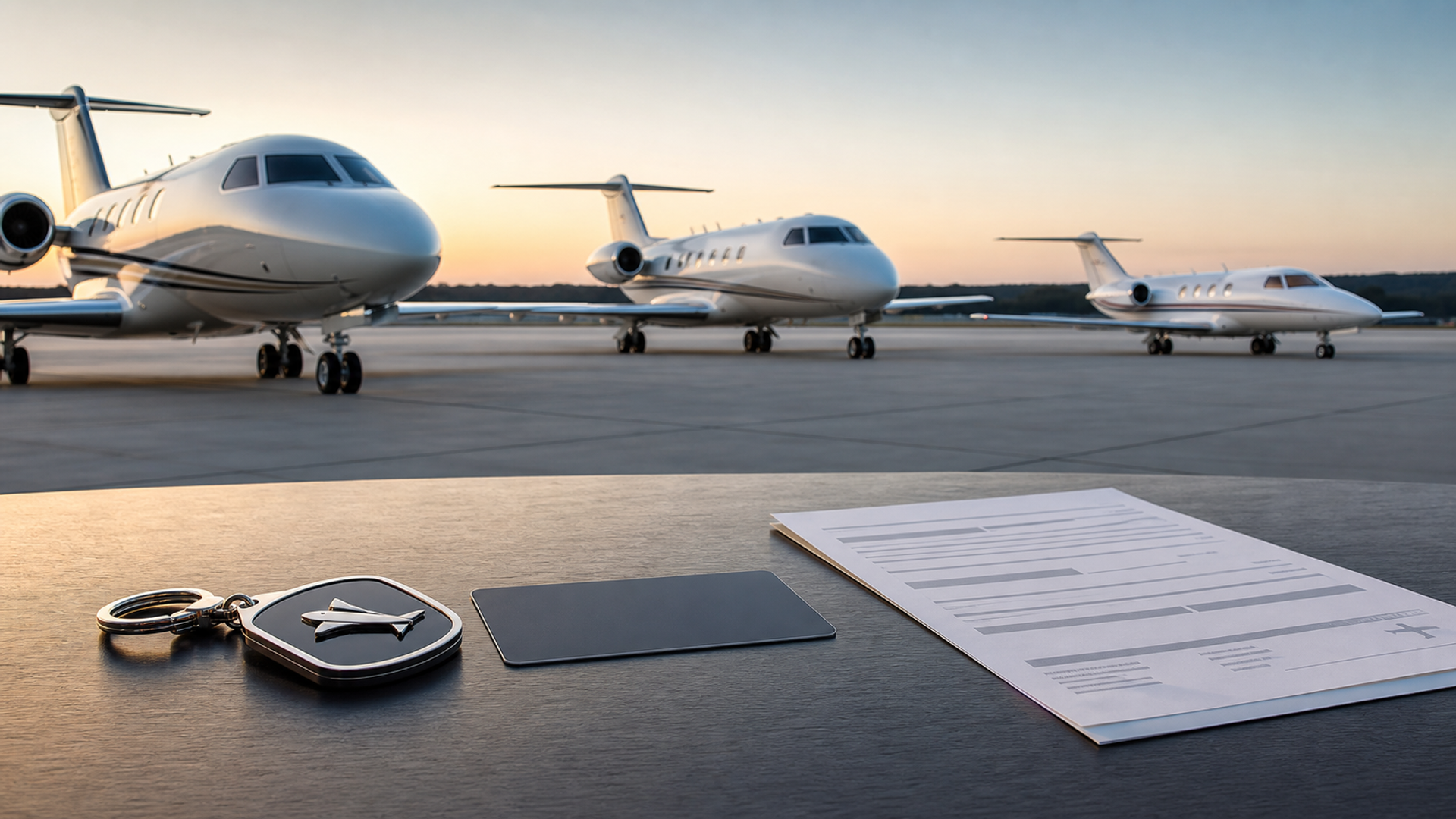 Three unbranded business jets behind ownership, membership and charter decision objects