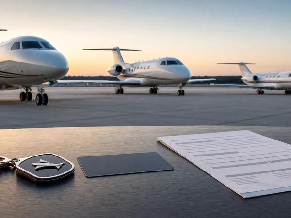 Three unbranded business jets behind ownership, membership and charter decision objects