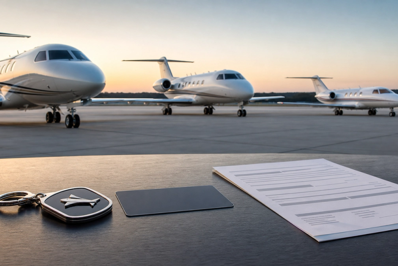 Three unbranded business jets behind ownership, membership and charter decision objects