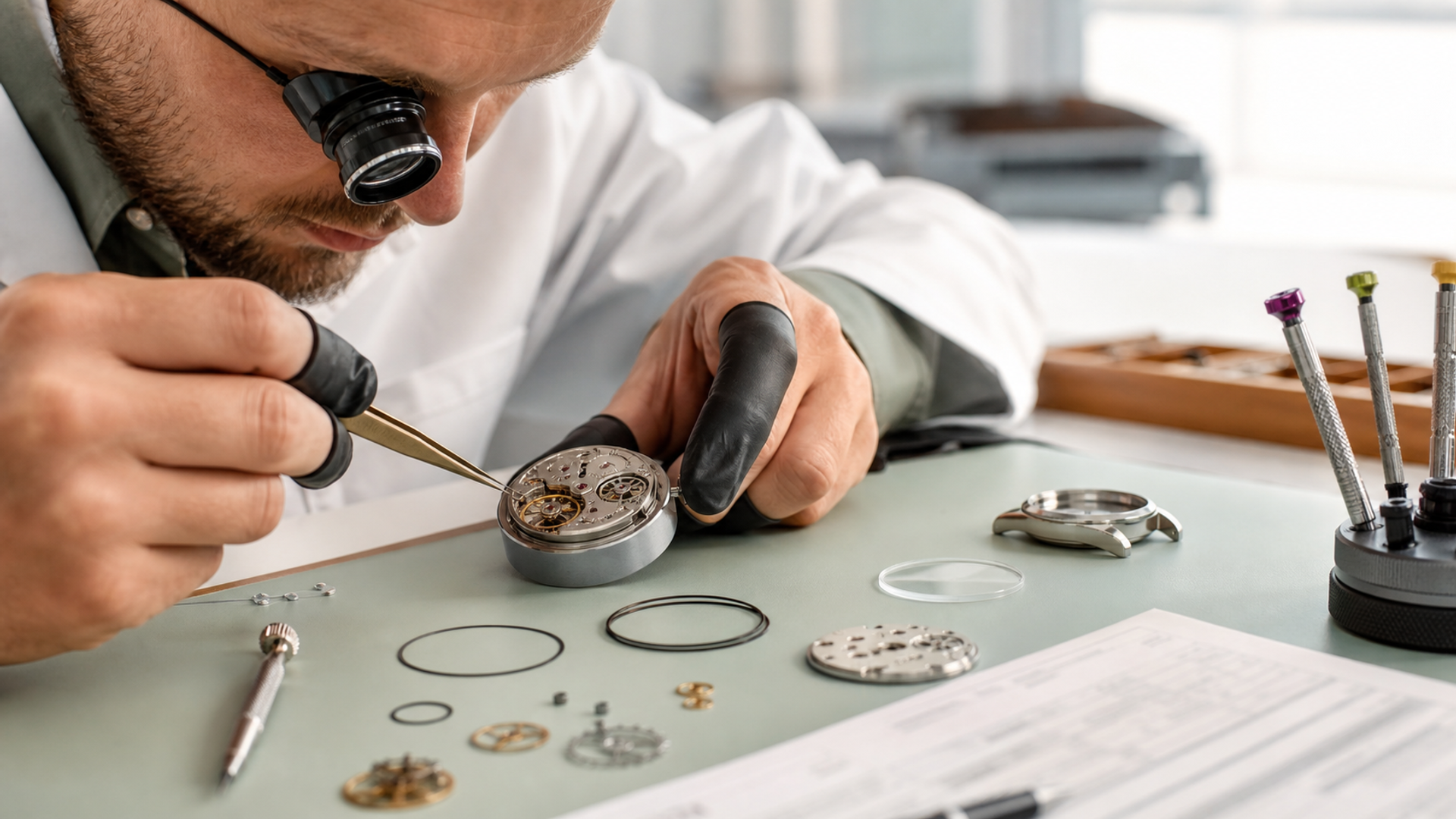 A luxury mechanical watch beside an itemised service estimate for movement, parts and condition work