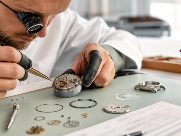A luxury mechanical watch beside an itemised service estimate for movement, parts and condition work