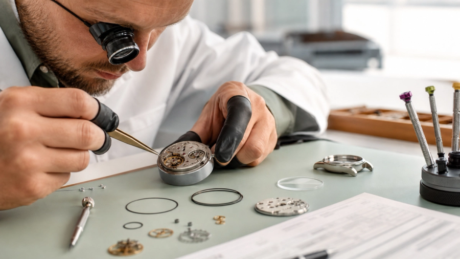 A luxury mechanical watch beside an itemised service estimate for movement, parts and condition work