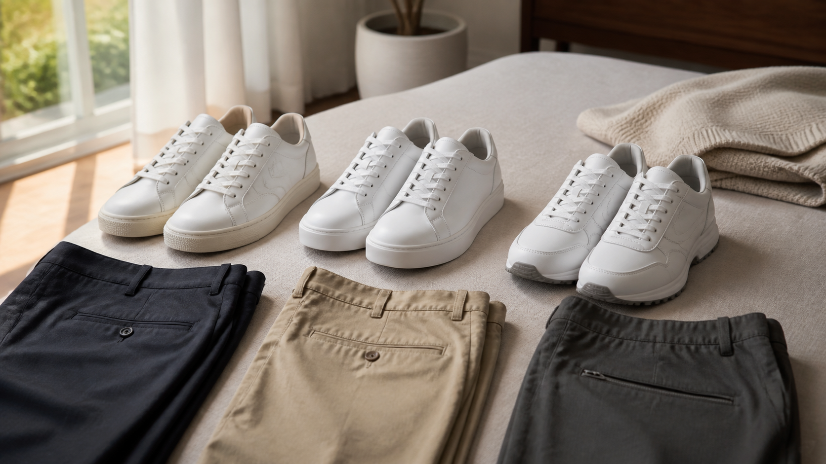 wardrobe decision scene with three distinct unbranded men's white leather sneaker silhouettes beside tailored trousers