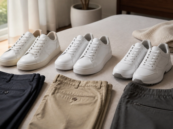 wardrobe decision scene with three distinct unbranded men's white leather sneaker silhouettes beside tailored trousers