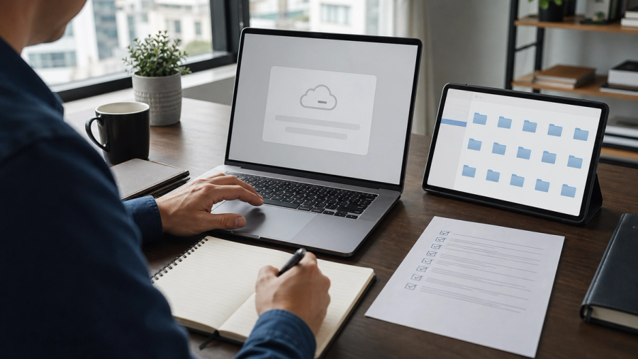 Executive switching from an unavailable AI service to saved local documents and a printed continuity checklist.