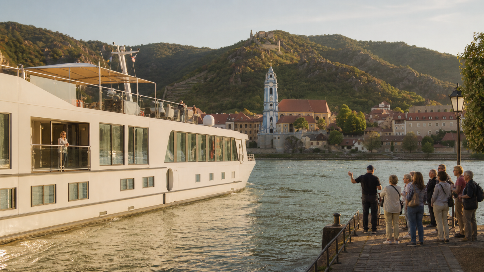 Elegant river ship passing a European old town with suite balcony and excursion scene
