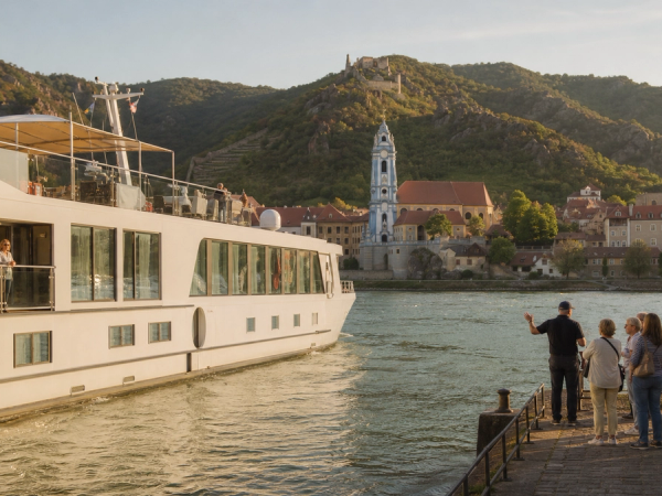 Elegant river ship passing a European old town with suite balcony and excursion scene