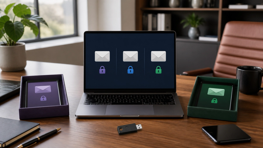 Secure email setups compared by encryption, domain control and recovery