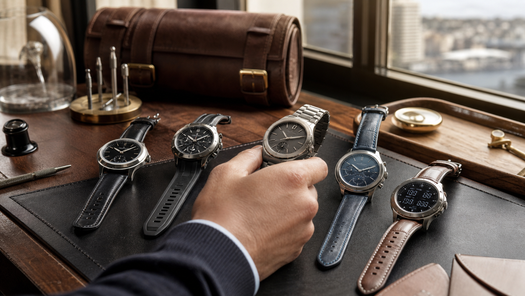 Collector comparing luxury smartwatches with different cases straps and interfaces