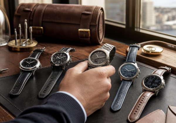 Collector comparing luxury smartwatches with different cases straps and interfaces