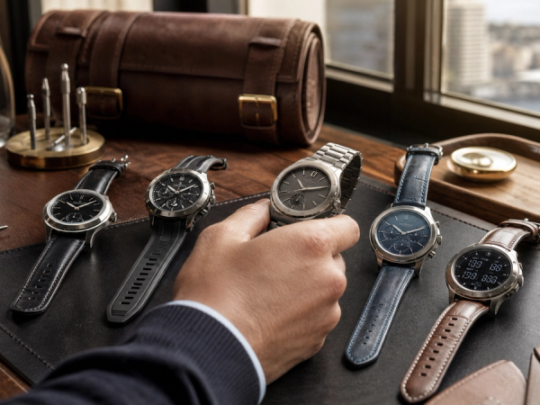 Collector comparing luxury smartwatches with different cases straps and interfaces