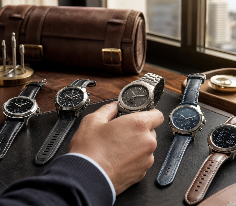 Collector comparing luxury smartwatches with different cases straps and interfaces