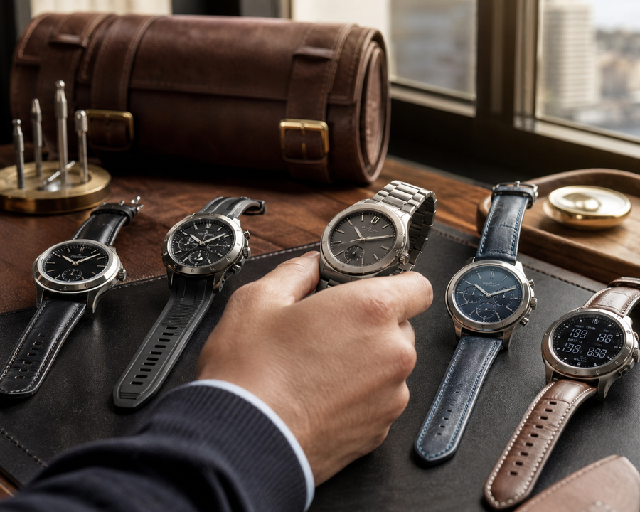 Collector comparing luxury smartwatches with different cases straps and interfaces