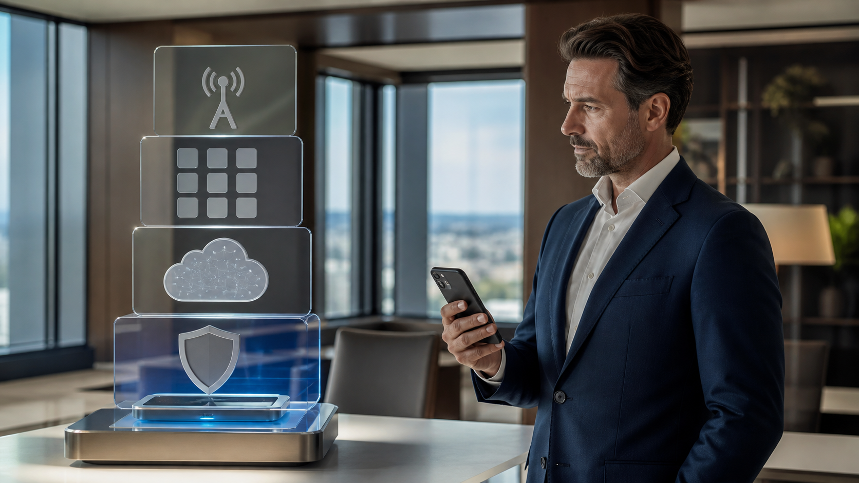 Executive smartphone security shown as device, cloud, app and communication layers