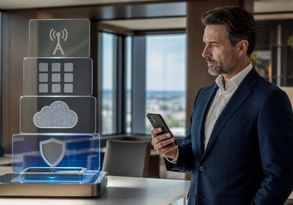 Executive smartphone security shown as device, cloud, app and communication layers
